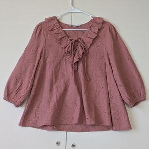 Zara Dark Rust Pink Embroidered Ruffle Lace Up Tunic Size‎ Small.